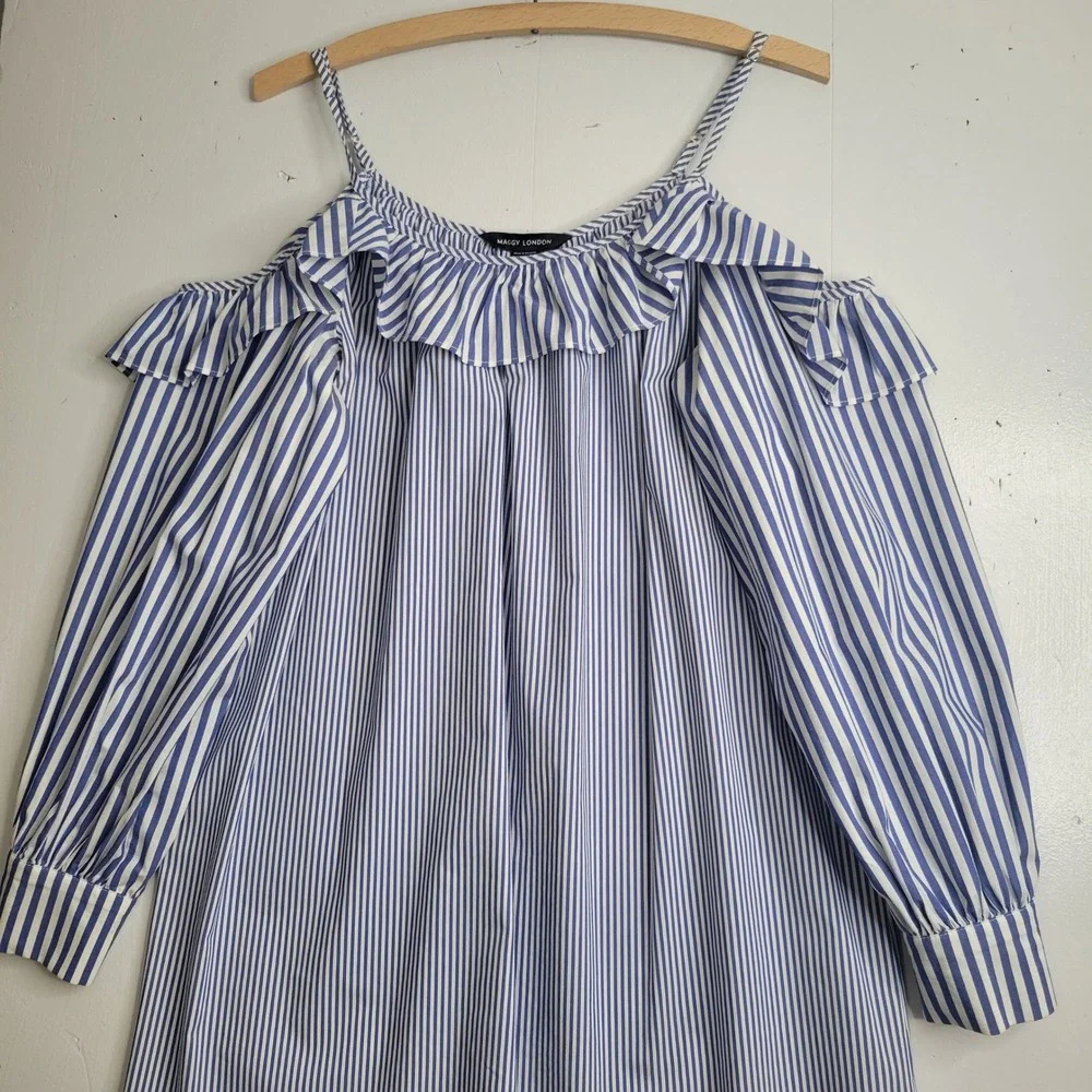 Maggy London Womens‎ Blue White Striped Cold Shoulder Ruffle Shift Dress Size 10